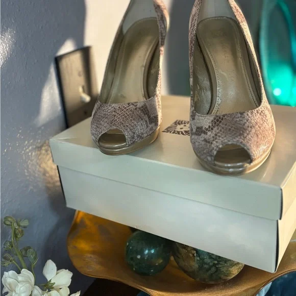 Anne Klein Snake Print Peep Toe Heels - Tan - Picture 2 of 8